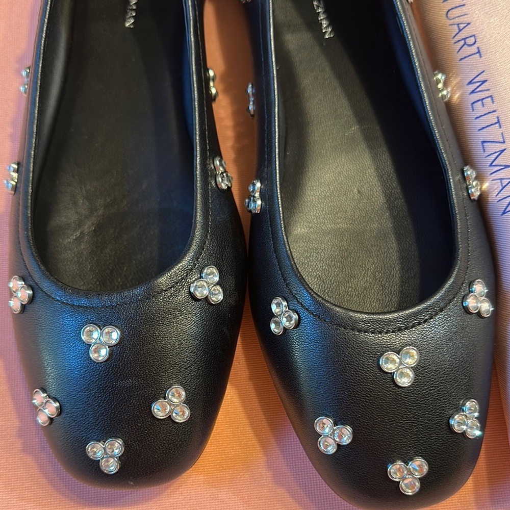 New Stuart Weitzman Leather Black Rhinestone Embellished Flats. Size 8.… - Picture 2 of 9
